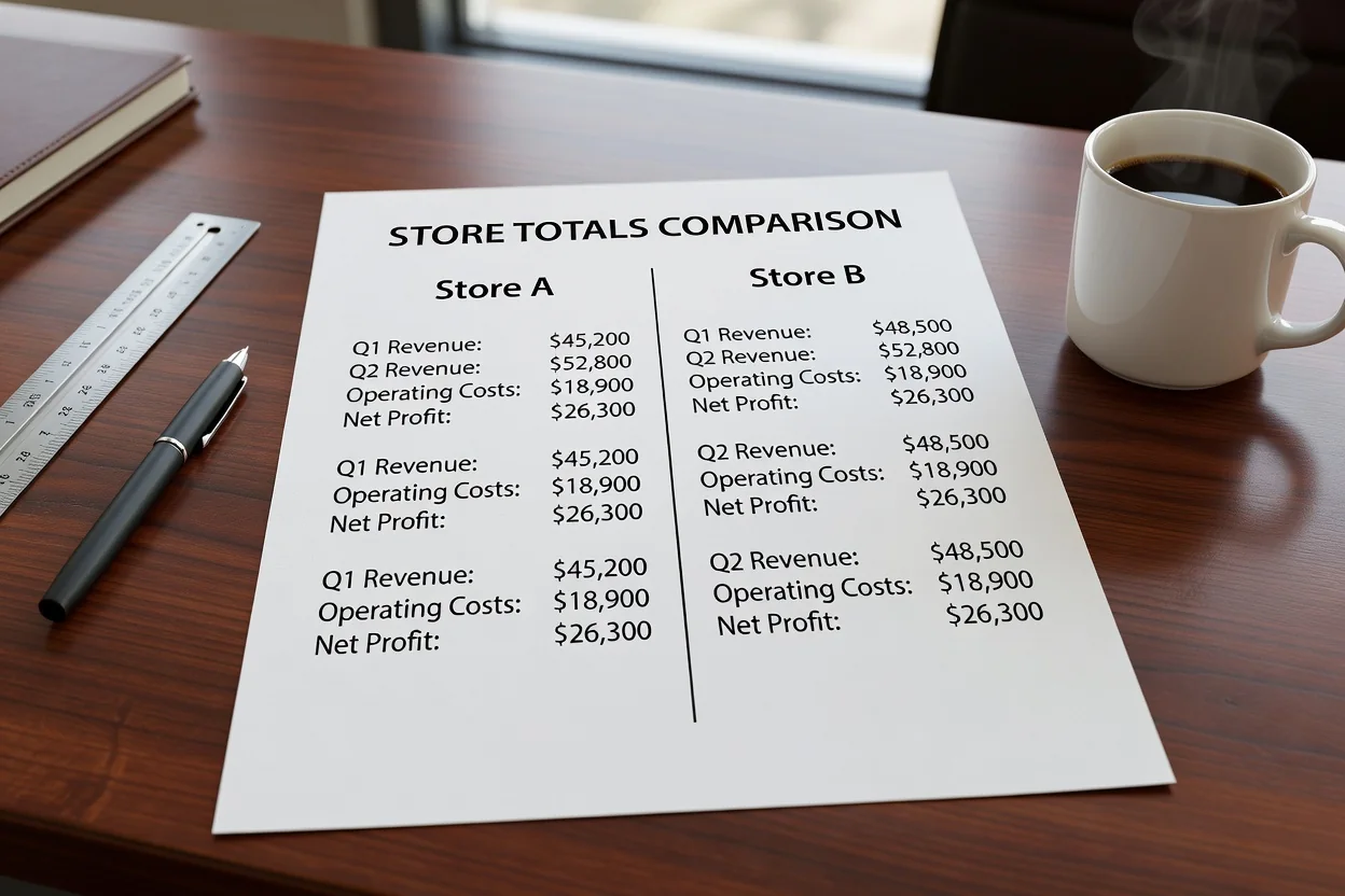 Two columns on paper: home store versus converted Argentina total