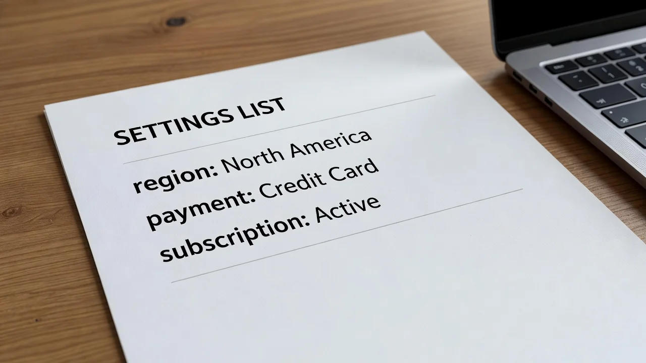 Xbox settings printout: region, payment method, subscription on three lines