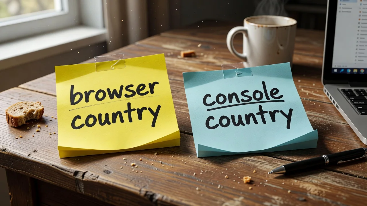 Two screens: browser store country and console store country written side by side