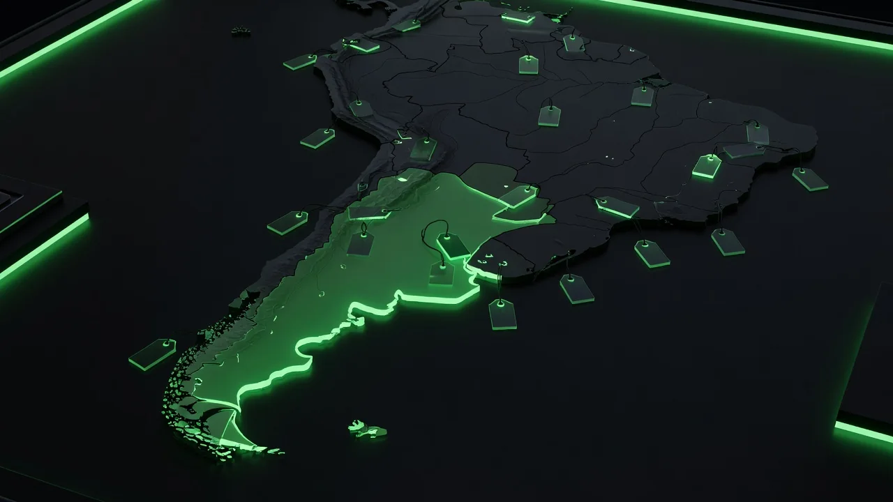 Stylized map of South America with glowing price tags over Argentina