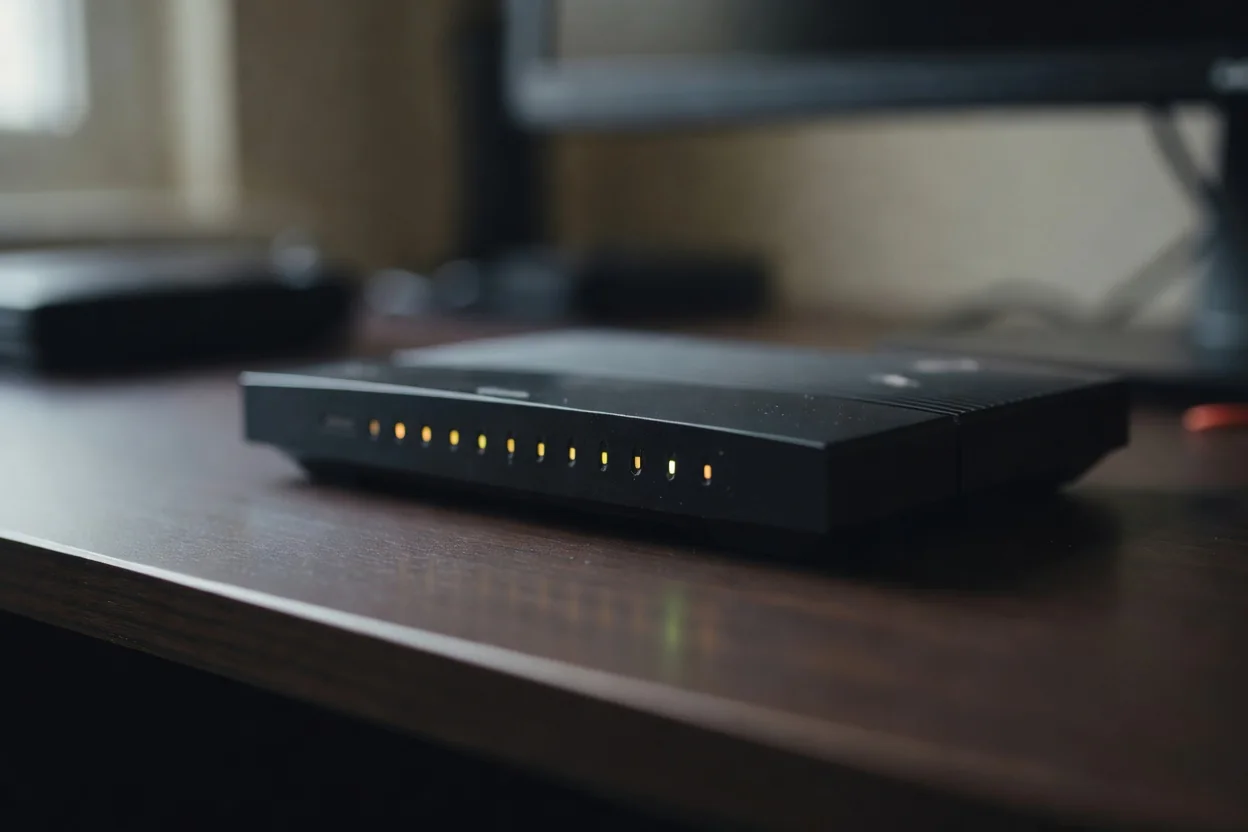 A home router with glowing status lights on a dark desk