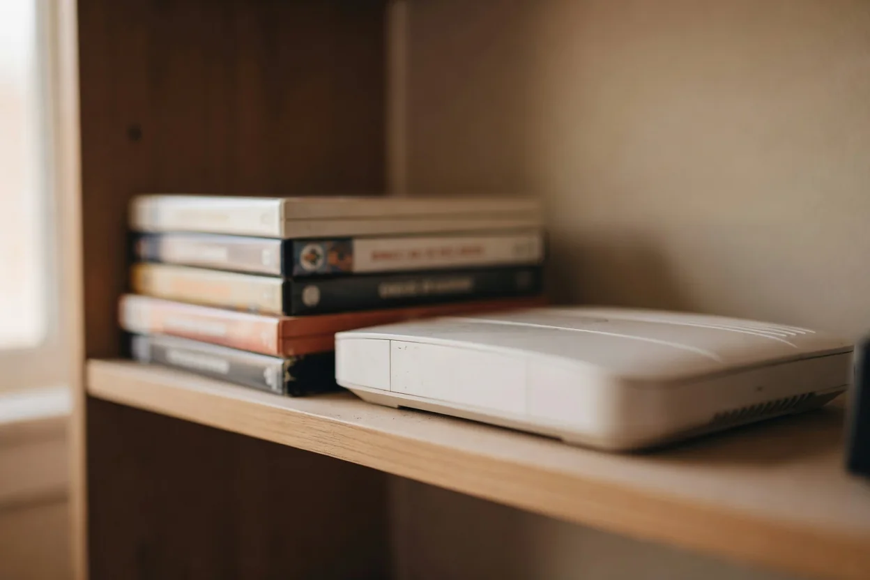 A wifi router on a shelf beside a stack of game cases