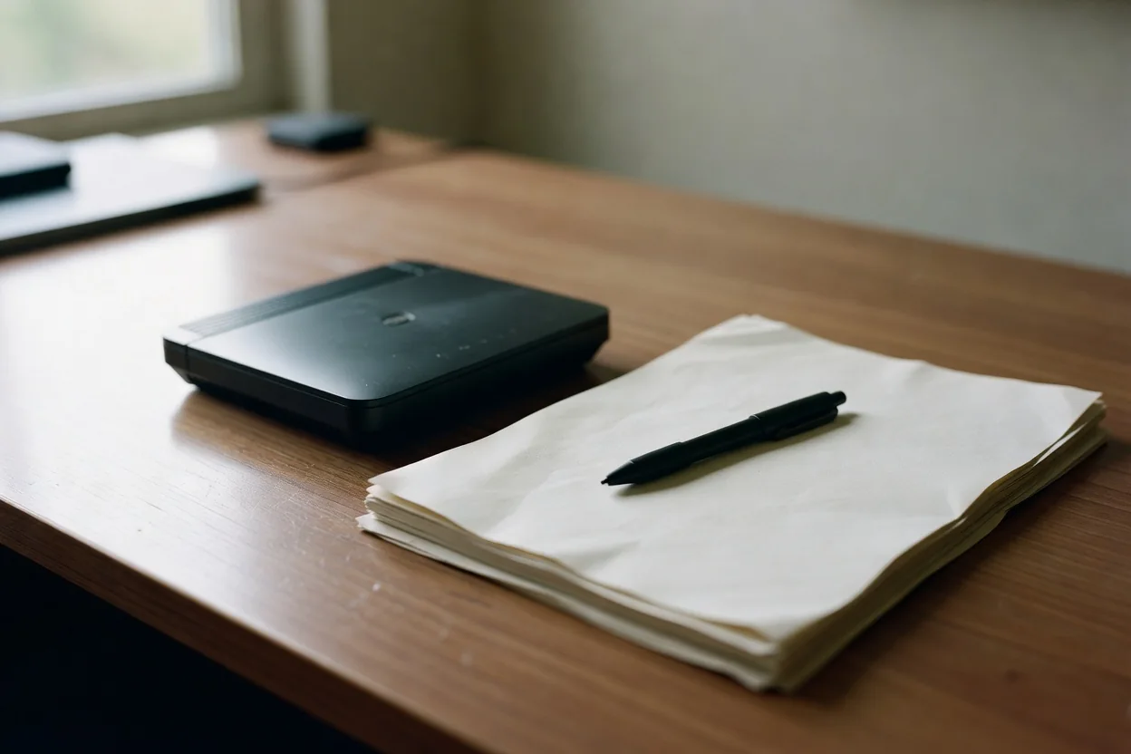 A home router on a desk next to a notepad and pen