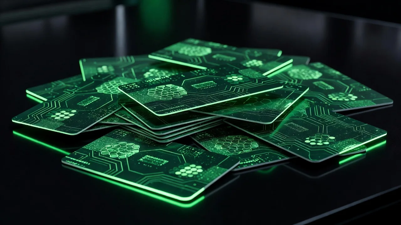 Stack of digital gift cards with green Xbox-style design on a dark desk