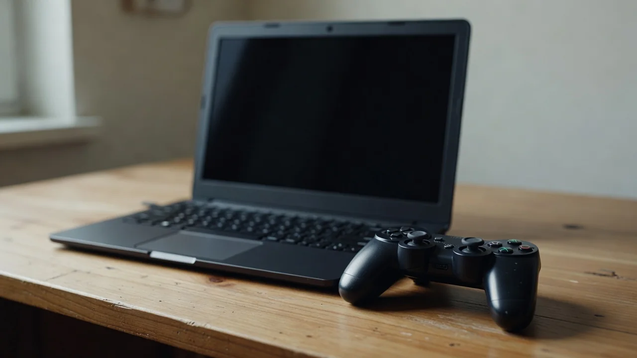 A laptop with a dark screen beside a game controller