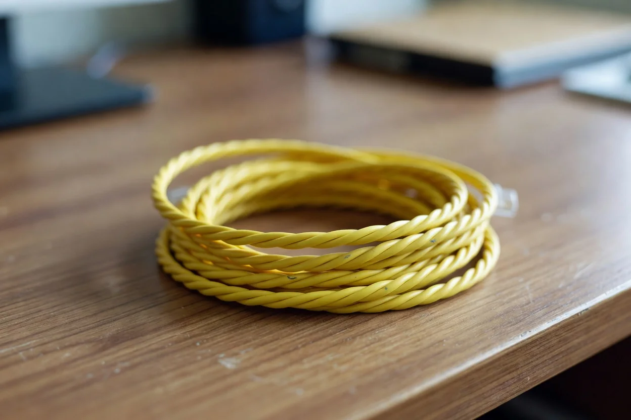 A coiled yellow ethernet cable on a wooden desk