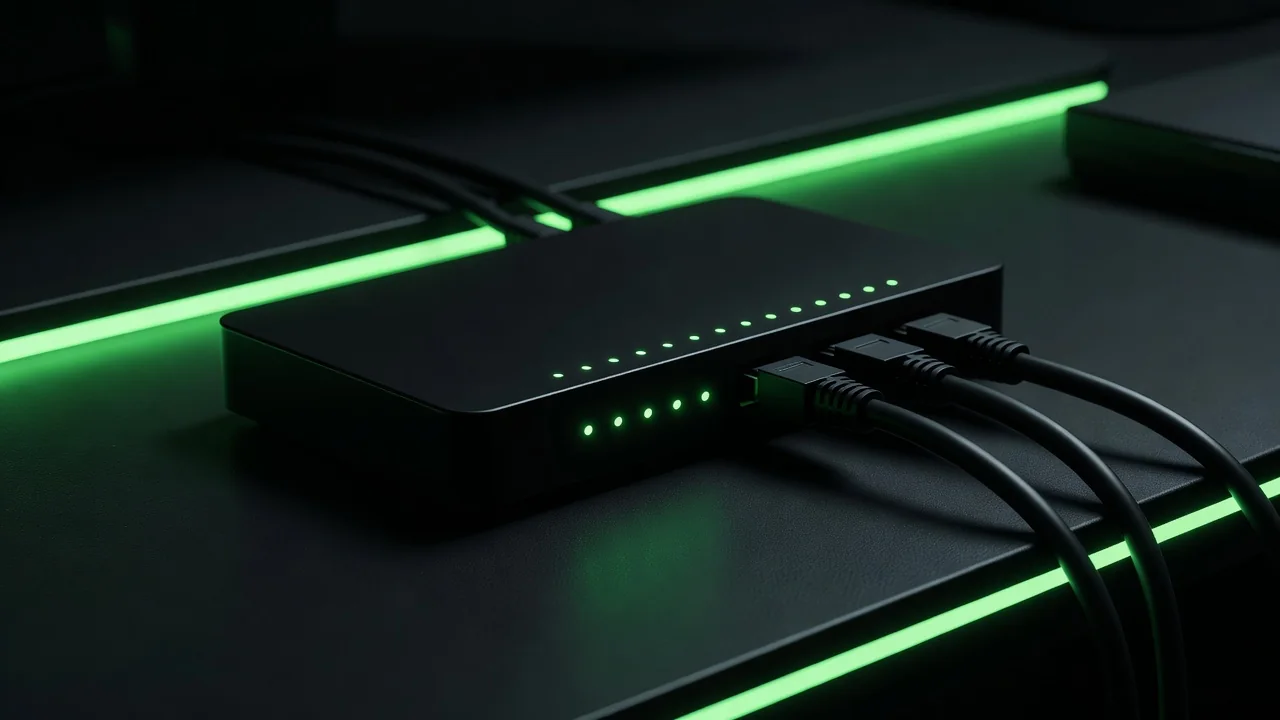 Home router with glowing green status lights and network cables, dark background