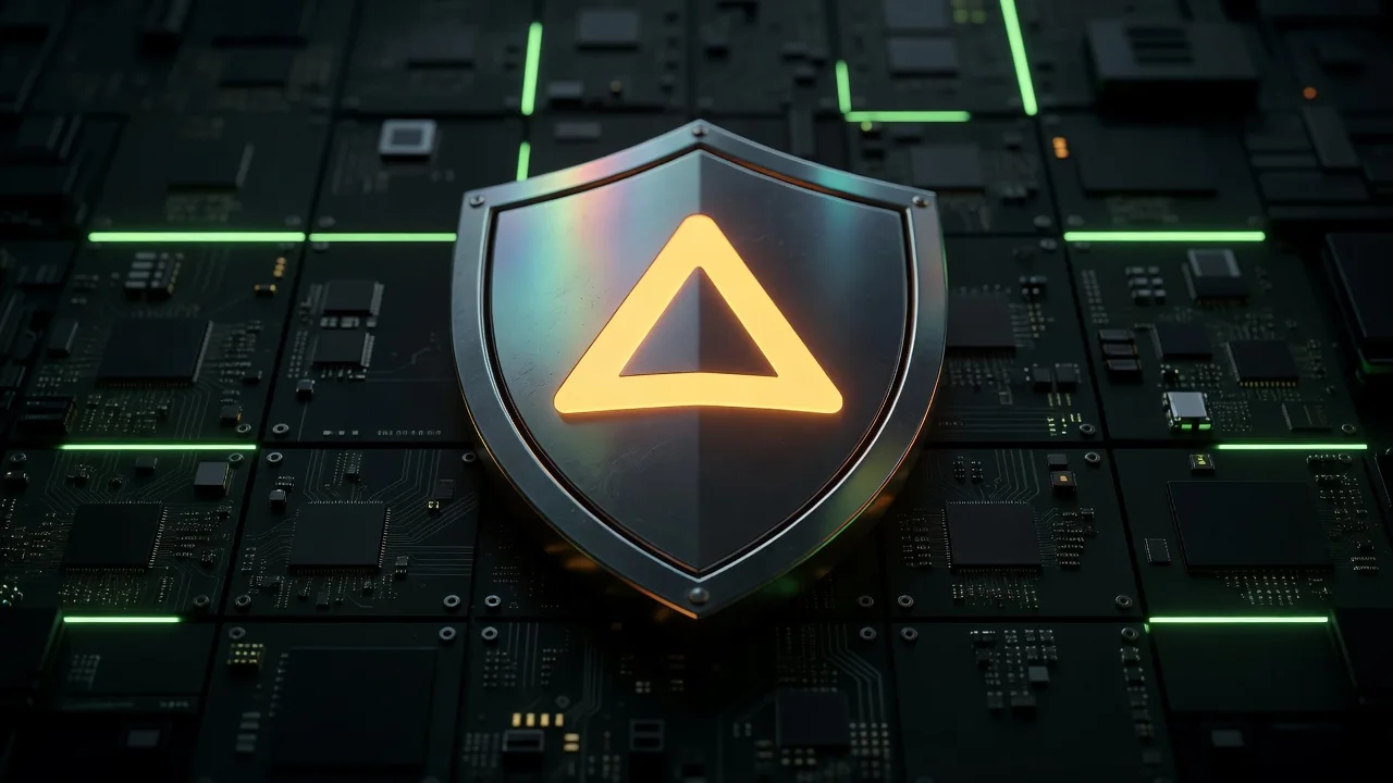 Glowing shield icon with a warning symbol, dark green tech background