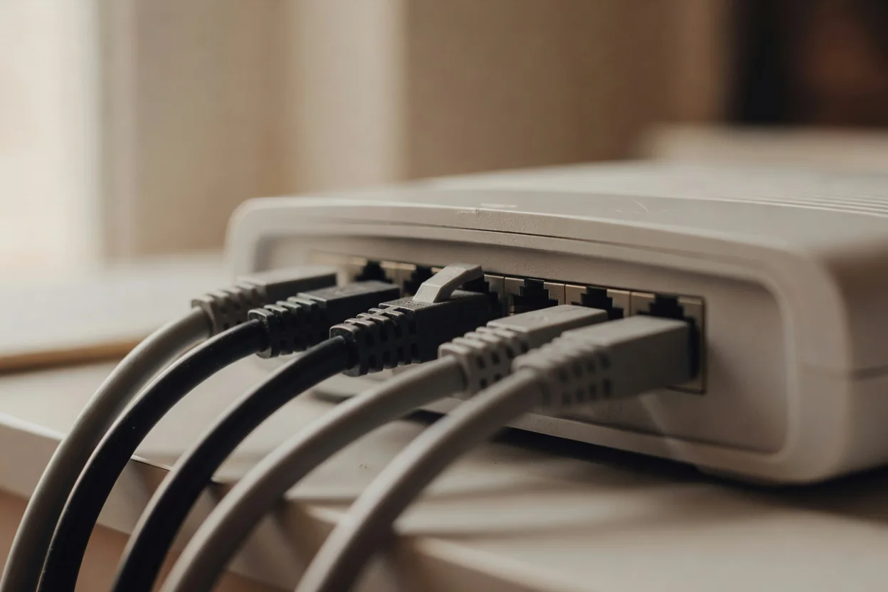 Ethernet cables connected to the back of a home router