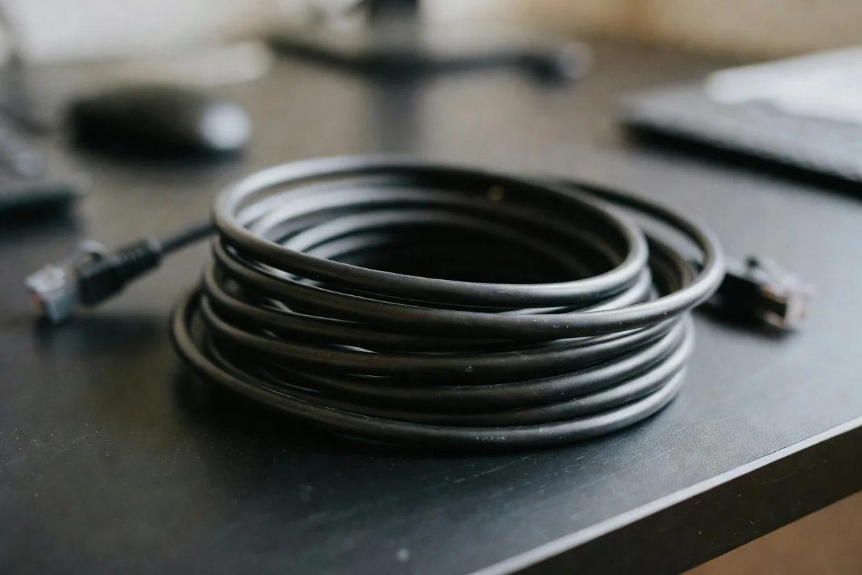 A coiled ethernet cable on a dark desk, close-up