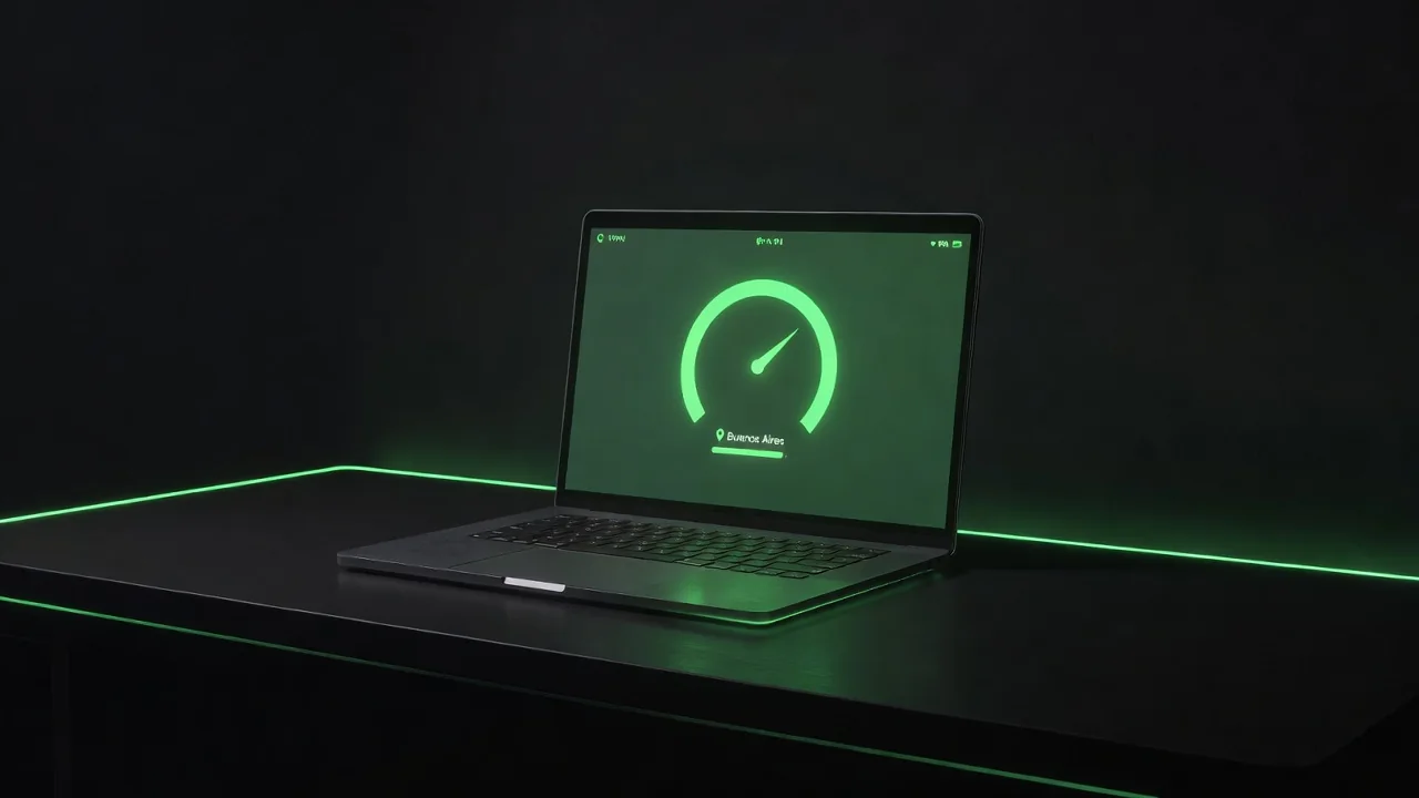 Laptop screen showing a speed test next to a VPN app connected to Buenos Aires, dark desk, green glow