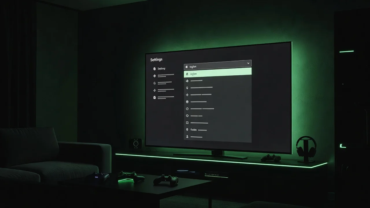 Xbox settings menu on a TV screen in a dark room, green accent lighting